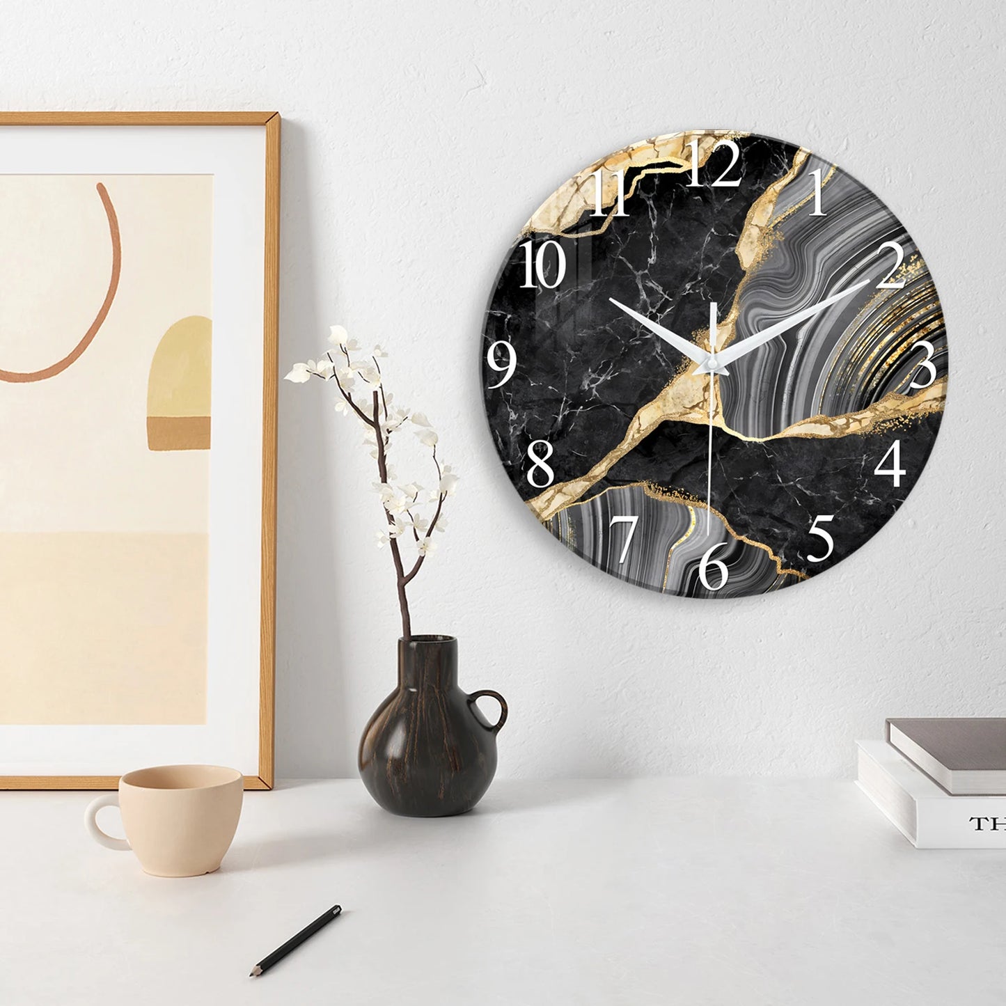 Horloge Murale Salon | Effet Marbre Noir & Or