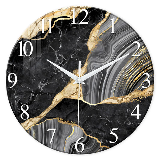 Horloge Murale Salon | Effet Marbre Noir & Or